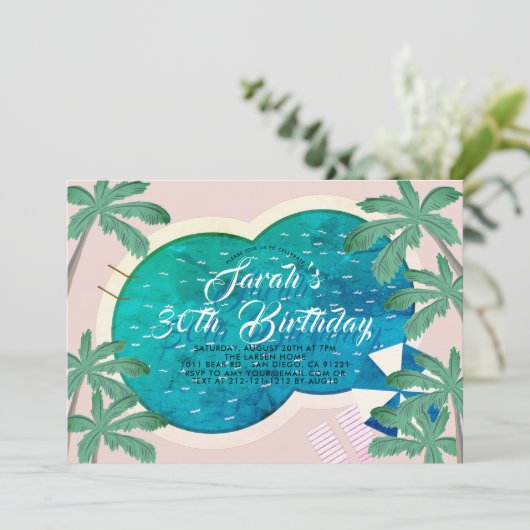 Palm Springs Pool Party Pink Adult Birthday Kaart (Staand voorkant)