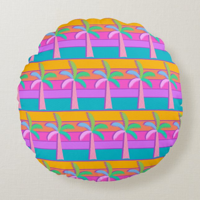 Palm Springs Retro Bold Gestreepte Palm Tree Rond Kussen (Voorkant)