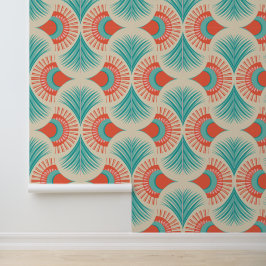 Palm Springs - Sunset Palms - Coral Red and Teal Behang