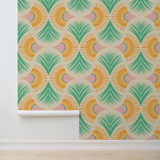 Palm Springs - Sunset Palms Goudgeel en Groen Behang (Applicatie)