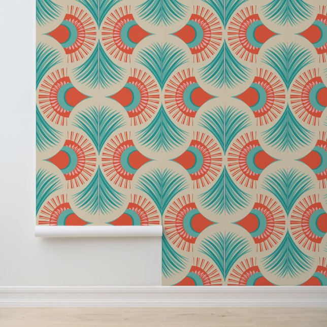 Palm Springs - Sunset Palms - Koraalrood en Teal Behang (Applicatie)