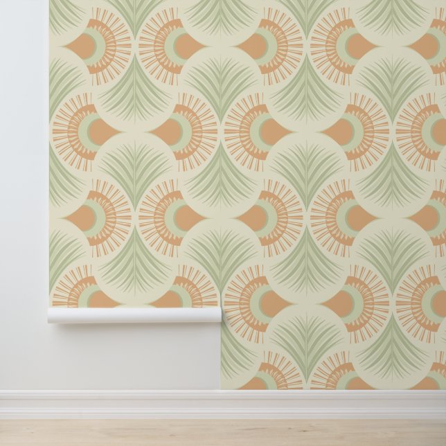 Palm Springs - Sunset Palms - Soft Peach and Sage  Behang (Applicatie)