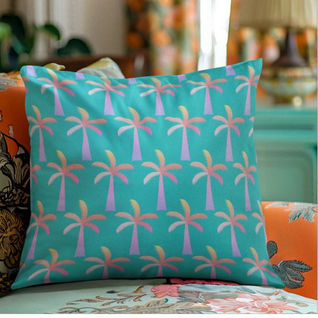 Palm Springs Turquoise Blue Tropical Palm Tree Kussen (Creator heeft geüpload)