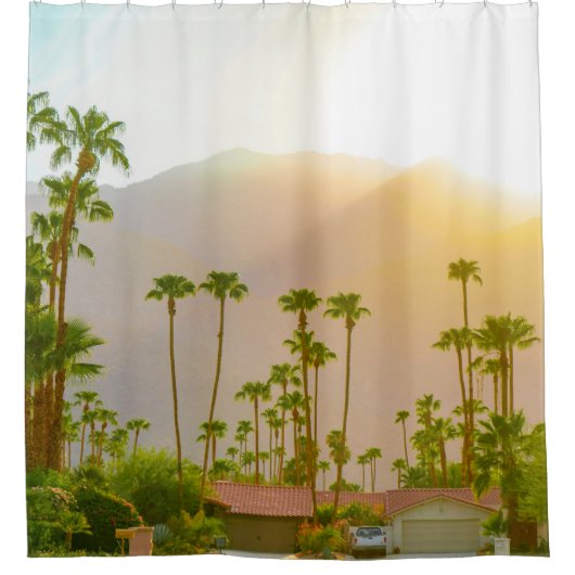 Palm Springs-zonsonderdag met bergen en palm tr Douchegordijn (Voorkant)