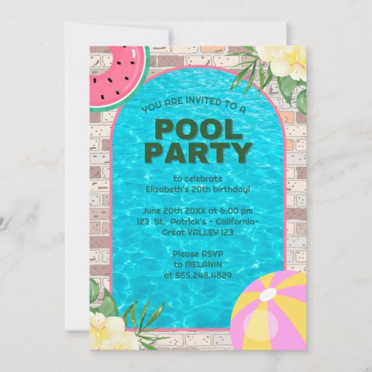 Palm Summer Blue Adult Pool Party Uitnodiging (Voorkant)