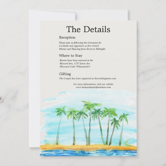 Palm Tree and Beach Wedding Information Card Kaart (Voorkant)