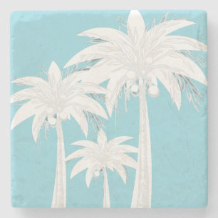 Palm Tree Aqua Blue Grijs Wit Modern Tropisch Stenen Onderzetter