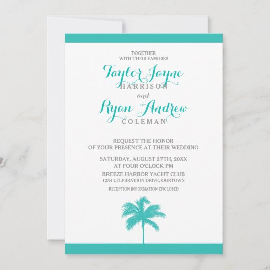 Palm Tree Aqua Gray Wedding Kaart (Voorkant)