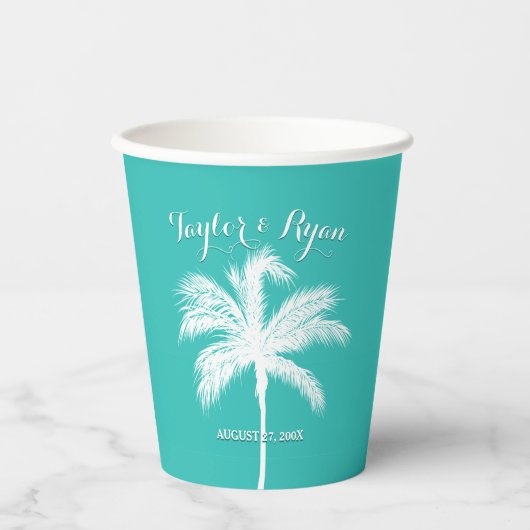Palm Tree Aqua Wedding Papieren Bekers (Voorkant)