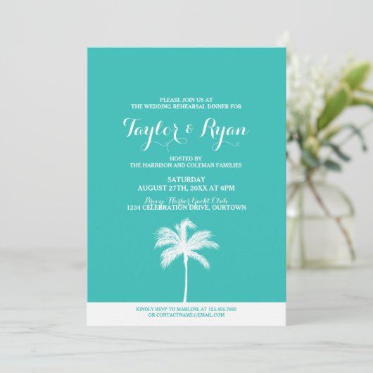 Palm Tree Aqua Wedding Rehearsal Dinner Uitnodigin Kaart (Staand voorkant)