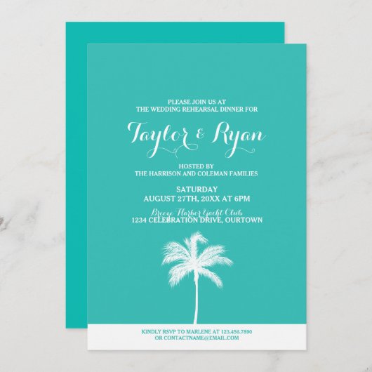 Palm Tree Aqua Wedding Rehearsal Dinner Uitnodigin Kaart (Voorkant / Achterkant)