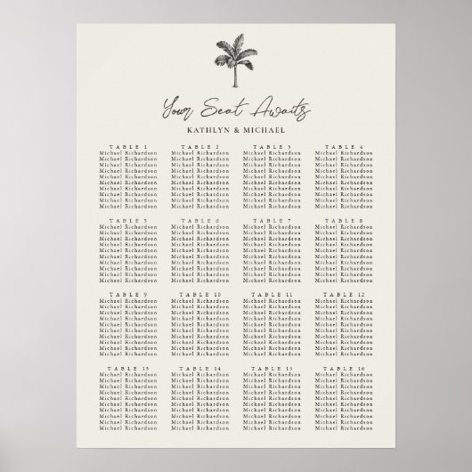 Palm Tree Beach bruiloft 16 tafel zitgrafiek Poster (Voorkant)