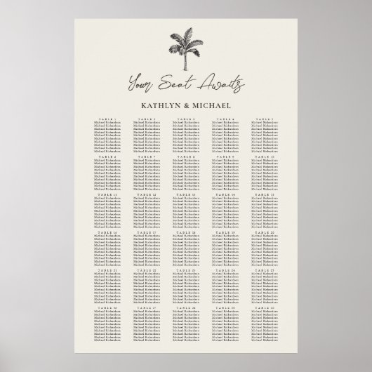 Palm Tree Beach bruiloft 30 tafel zitgrafiek Poster (Voorkant)