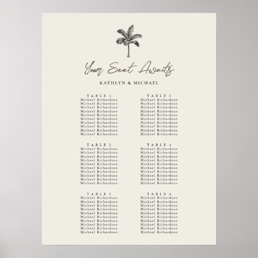 Palm Tree Beach bruiloft 6 tafel zitgrafiek Poster (Voorkant)