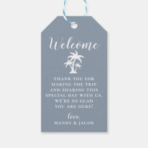 Palm Tree Beach Bruiloft Stoffig Blauw Welkomsttas Cadeaulabel