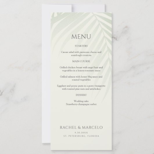 Palm Tree Beach Coastal Wedding Menu (Voorkant)