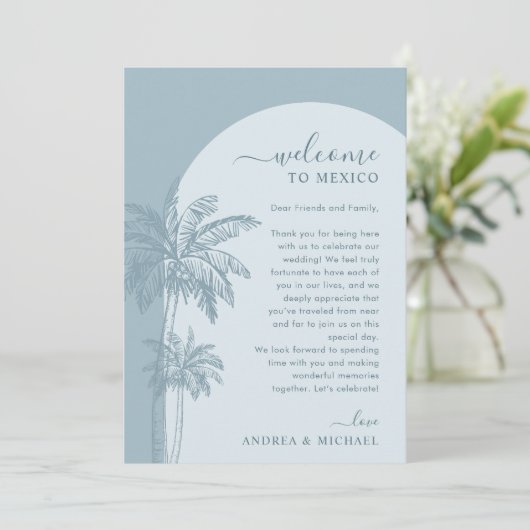 Palm Tree Beach Dusty Blue Wedding Itinerary Kaart (Staand voorkant)