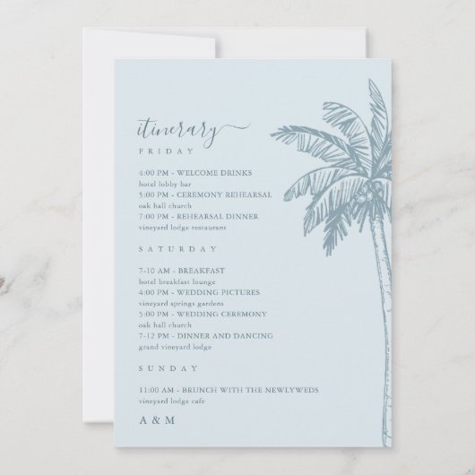 Palm Tree Beach Dusty Blue Wedding Itinerary Kaart (Achterkant)