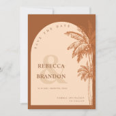 Palm Tree Beach Foto Terracotta QR Code Bruiloft Save The Date (Voorkant)