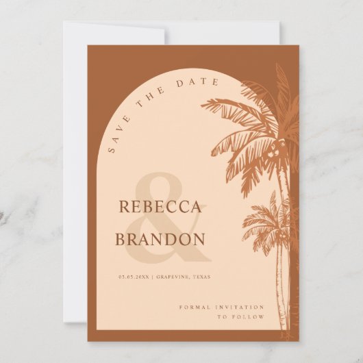 Palm Tree Beach Foto Terracotta QR Code Bruiloft Save The Date (Voorkant)