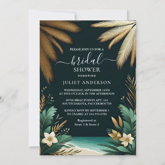 Palm Tree Beach groen en goud Vrijgezellenfeest Kaart (Voorkant)