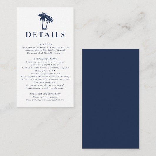 Palm Tree Beach Nautical Navy Details Enclosure Informatiekaartje (Voorkant / Achterkant)