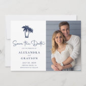 Palm Tree Beach Navy Bruiloft Save the Date (Voorkant)