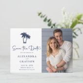 Palm Tree Beach Navy Bruiloft Save the Date (Staand voorkant)