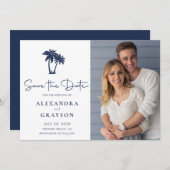 Palm Tree Beach Navy Bruiloft Save the Date (Voorkant / Achterkant)