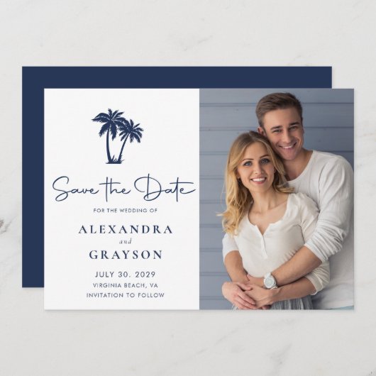 Palm Tree Beach Navy Bruiloft Save the Date (Voorkant / Achterkant)