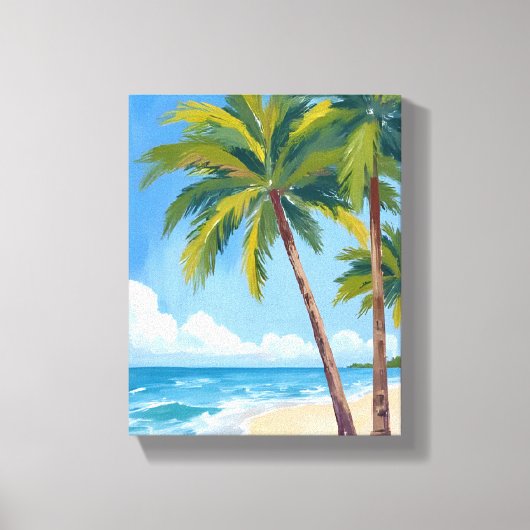 Palm Tree Beach | Tropical Watercolor Blue Sky Canvas Afdruk (Voorkant)