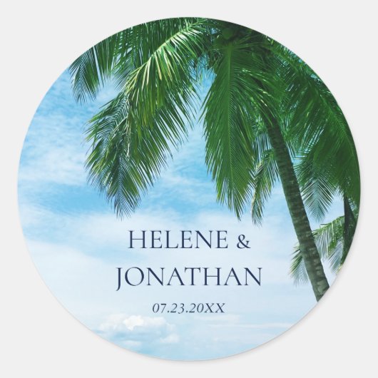 Palm Tree Beach Tropische bestemming Bruiloft Ronde Sticker (Voorkant)