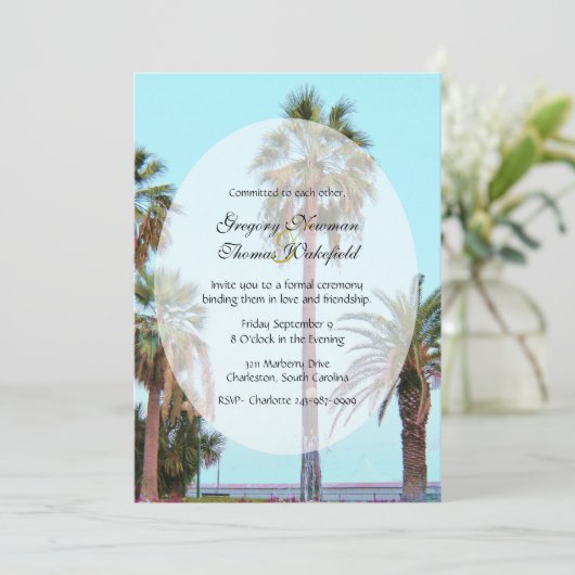 Palm Tree Beach Verplichtingsceremonie Uitnodiging (Staand voorkant)