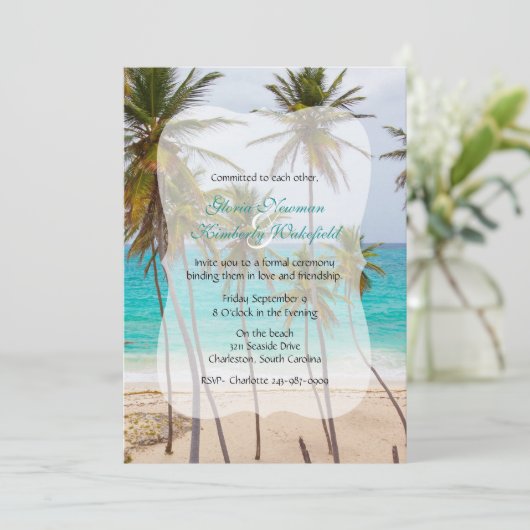 Palm Tree Beach Verplichtingsceremonie Uitnodiging (Staand voorkant)