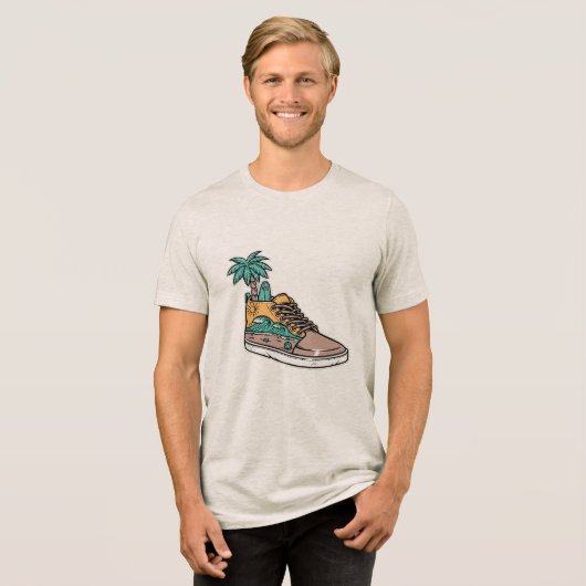 Palm Tree & Beach Wave Shoe Illustration Tri-Blend Shirt (Voorkant volledig)
