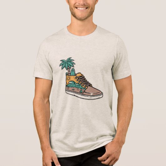 Palm Tree & Beach Wave Shoe Illustration Tri-Blend Shirt (Voorkant)