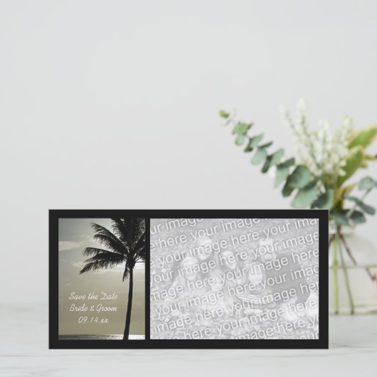 Palm Tree Beach Weddenschap Save the Date Photo Ca (Staand voorkant)