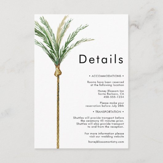 Palm Tree bestemming bruiloft details Informatiekaartje (Voorkant)