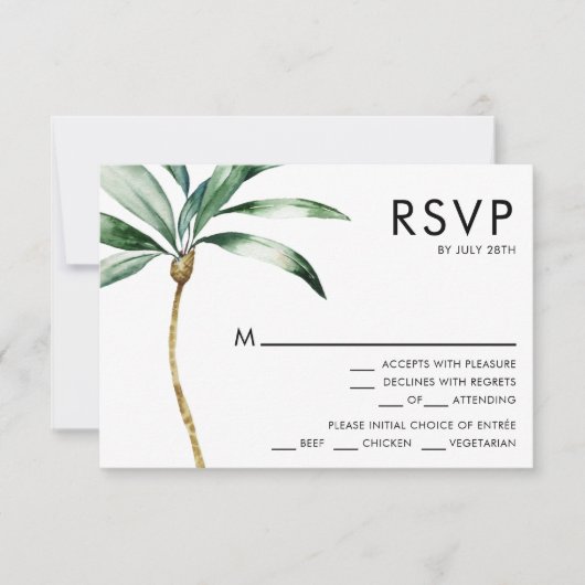 Palm Tree Bestemming Bruiloft Menu RSVP (Voorkant)