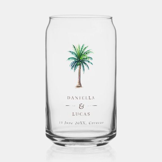Palm Tree Bestemming Bruiloft Namen & Datum Blikvorm Glas (Voorkant)