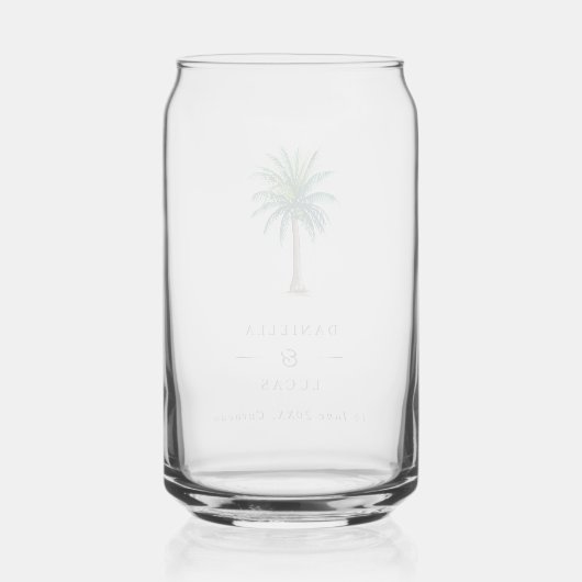Palm Tree Bestemming Bruiloft Namen & Datum Blikvorm Glas (Achterkant)