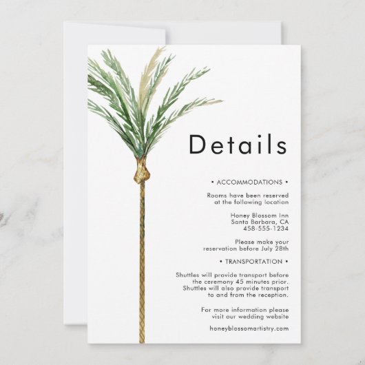 Palm Tree Bestemming Details Alles in één bruiloft Kaart (Achterkant)