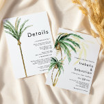 Palm Tree Bestemming Details Alles in één bruiloft Kaart<br><div class="desc">Deze palmboombestemming heeft alle details in één bruiloft uitnodigingsontwerp en beschikt over tropische waterverf palmbomen op een heldere witte achtergrond die de dromerige sfeer van een bestemmingsbruiloft oproepen. dit ontwerp straalt de romance uit van zandoevers en zwaaiende palmen, ideaal voor koppels die op zoek zijn naar een echt onvergetelijk feest....</div>