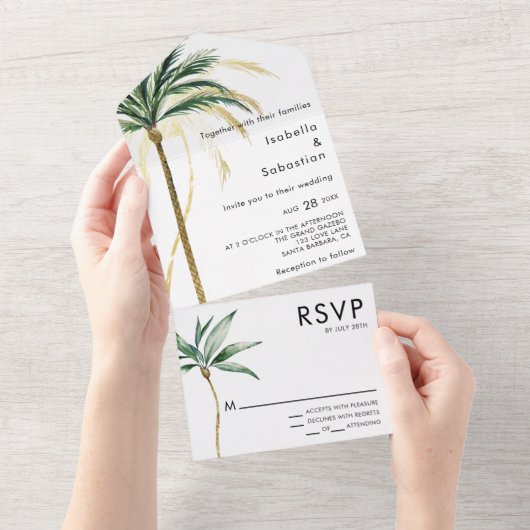 Palm Tree Bestemming Moderne bruiloft All In One Uitnodiging (Afscheurbaar)