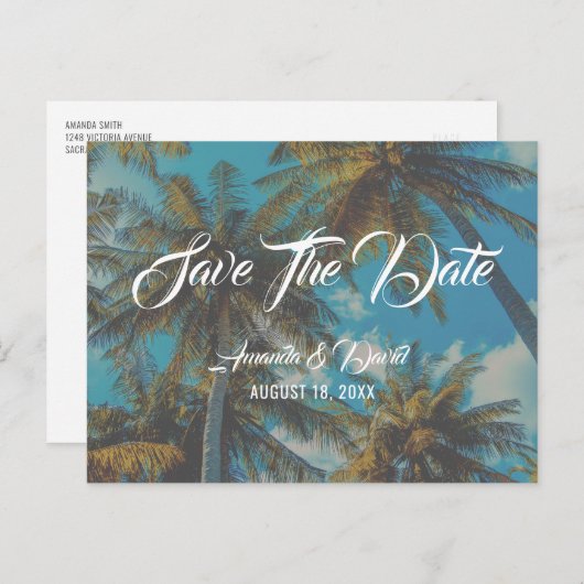 Palm Tree Bestemming Strand Bruiloft Save the Date Aankondigingskaart (Voorkant / Achterkant)