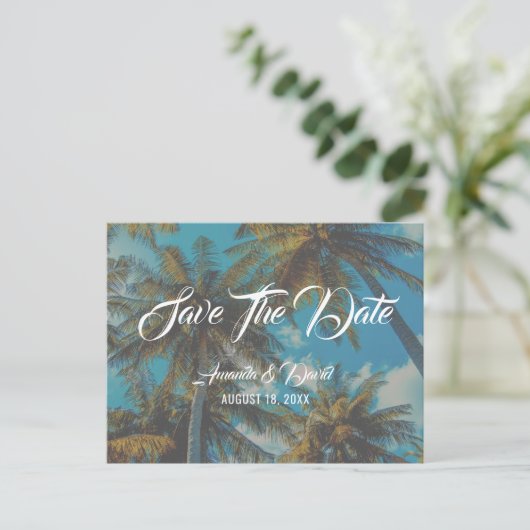 Palm Tree Bestemming Strand Bruiloft Save the Date Aankondigingskaart (Staand voorkant)