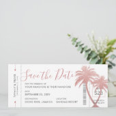 Palm Tree Boarding Pass Ticket Roos Gold Pink Save The Date (Staand voorkant)