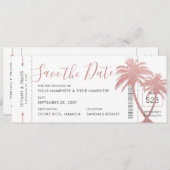 Palm Tree Boarding Pass Ticket Roos Gold Pink Save The Date (Voorkant / Achterkant)