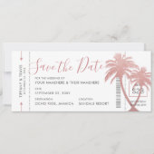 Palm Tree Boarding Pass Ticket Roos Gold Pink Save The Date (Voorkant)