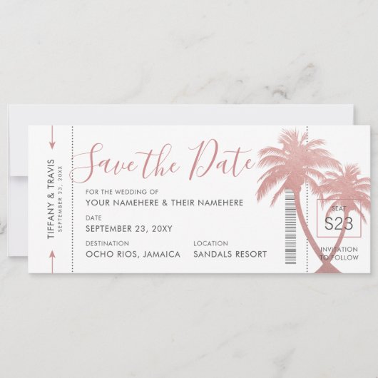 Palm Tree Boarding Pass Ticket Roos Gold Pink Save The Date (Voorkant)